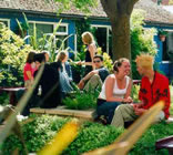 Students in a sunny summer garden at St Clare's