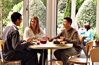 Students in small groups seated at tables having lunch in sun-lit dining hall, with windows showing green of garden beyond