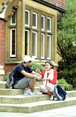 students on the library steps