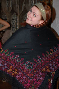 Alona showing off her Fairtrade shawl made in Jerusalem