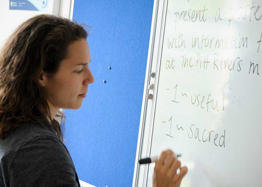 Teacher at the whiteboard teaching English classes teacher writing on the whiteboard in classroom