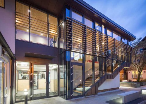 science building with maths classrooms at dusk